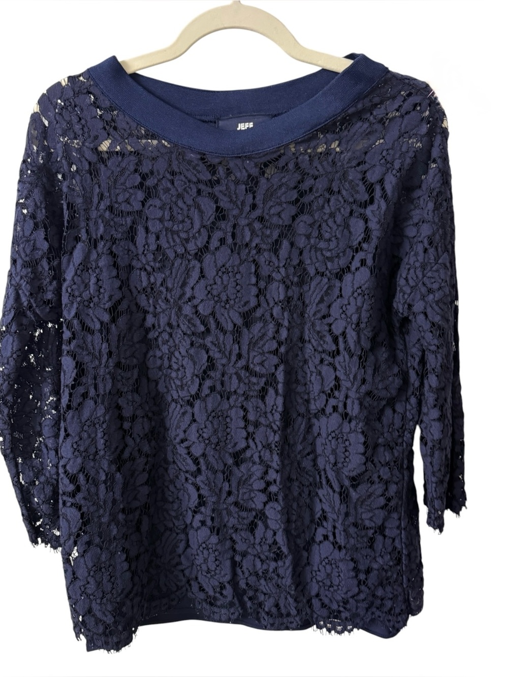 JEFF Brussels Sporty Chic Navy Guipure Lace Top with Cami Liner Cotton Blend S